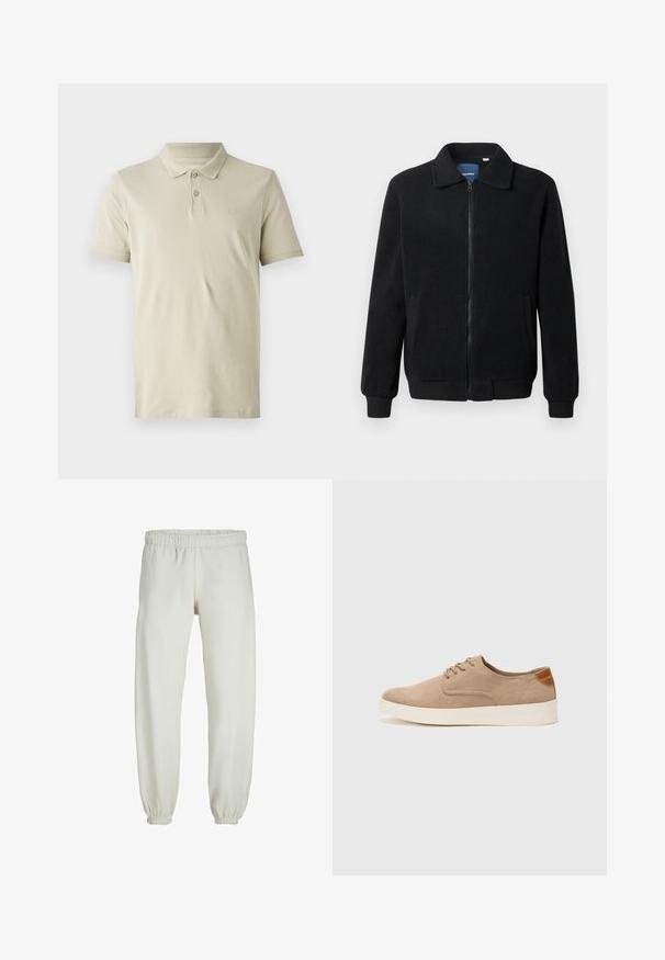 Črna flis jakna z zadrgo, stoječim ovratnikom, rebrastimi zapestji in stranskimi žepi s teksturirano površino.; Bež majica s polo ovratnikom, izdelana iz bombaža, z tri gumbi na odprtju, kratkimi rokavi in diskretnim logotipom na prsih. Gladka tekstura.; Bele trenerke narejene iz mehkega blaga, z elastičnim pasom in manšetami, gladke teksture in ohlapnega kroja.; Bež tkanine usnjene superge z zaobljenim nosom, vezalkami na sprednji strani in teksturiranim zadnjim detajlom. Belo gumijasto podplato zagotavlja kontrast. Enostaven in sodoben dizajn.