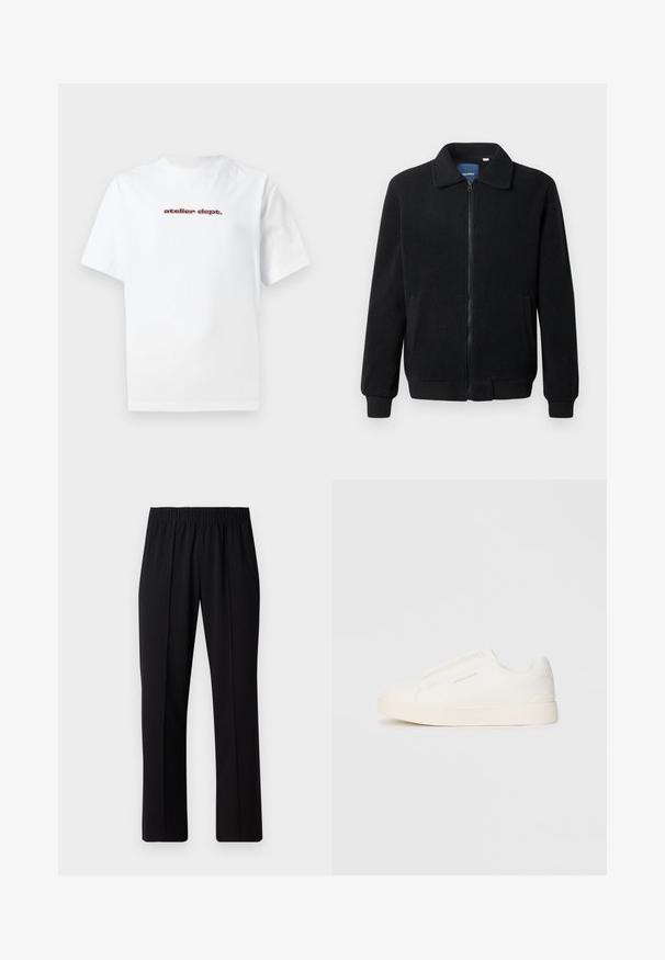 Black fleece jacket featuring a zip closure, stand collar, ribbed cuffs, and side pockets with a textured surface.; White cotton t-shirt with short sleeves and a crew neckline, featuring red text "atelier dept." printed on the front. Simple design.; Black, elastic-waist trousers with a straight-leg design, featuring a smooth texture and no visible patterns or hardware.; White slip-on sneakers with a textured surface, a thick sole, and minimalistic design. Features brand logo on the side.