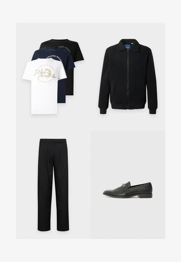 Sort fleecejakke med lynlås, opretstående krave, ribbede manchetter og sidelommer med en tekstureret overflade.; Tre crew-neck T-shirts i hvid, marineblå og sort bomuld, med et guld grafisk logo på den hvide skjorte og tekst i et cirkulært design.; Sorte bukser lavet af glat stof, med et lige ben-design, to frontfolder og en standard talje med bæltestropper.; Sorte læder loafers med en glat finish, der har et syet design og et dekorativt metal kædeaccent hen over vamps. Flad hæl.