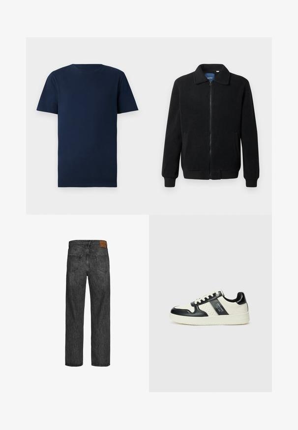 Musta fleece-takki, jossa on vetoketjulla suljettavat, pystykaulus, ribbireunat ja sivutaskut, joissa on teksturoitu pinta.; Tummansininen puuvillainen t-paita, jossa on lyhyet hihat, pyöreä kaula-aukko ja normaali istuvuus. Sileä pinta, ilman kuvioita tai näkyviä metalliosia.; Mustat farkut suoran lahje-muotoilulla, viiden taskun tyyli ja ruskea nahkapläntti vyötäröllä. Rakennekangas, jossa on ompeluyksityiskohtia.; Nahkakengät musta-kerma värimaailmassa, joissa on rei'itetyt yksityiskohdat, pehmustettu nilkkaosa ja teksturoitu pohja.