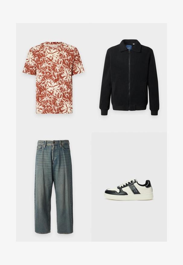 Μαύρο φλις μπουφάν με κλείσιμο με φερμουάρ, όρθιο γιακά, λαστιχένια μανίκια και πλάγιες τσέπες με υφή.; Βραχύς μανίκι μπλουζάκι σε καφέ χρώμα με floral σχέδιο σε κρέμα, διαθέτοντας στρογγυλή λαιμόκοψη και χαλαρή εφαρμογή. Κατασκευασμένο από ελαφρύ ύφασμα.; Ανοιχτό μπλε τζιν παντελόνι με χαλαρή γραμμή, μέση μέσου ύψους και ευθείες γραμμές. Περιλαμβάνει πέντε τσέπες, θηλιές ζώνης και κούμπωμα με κουμπί.; Δερμάτινα sneakers με μαύρο και κρεμ χρωματικό σχέδιο, με διάτρητες λεπτομέρειες, επενδεδυμένο κολάρο και υφή στη σόλα.
