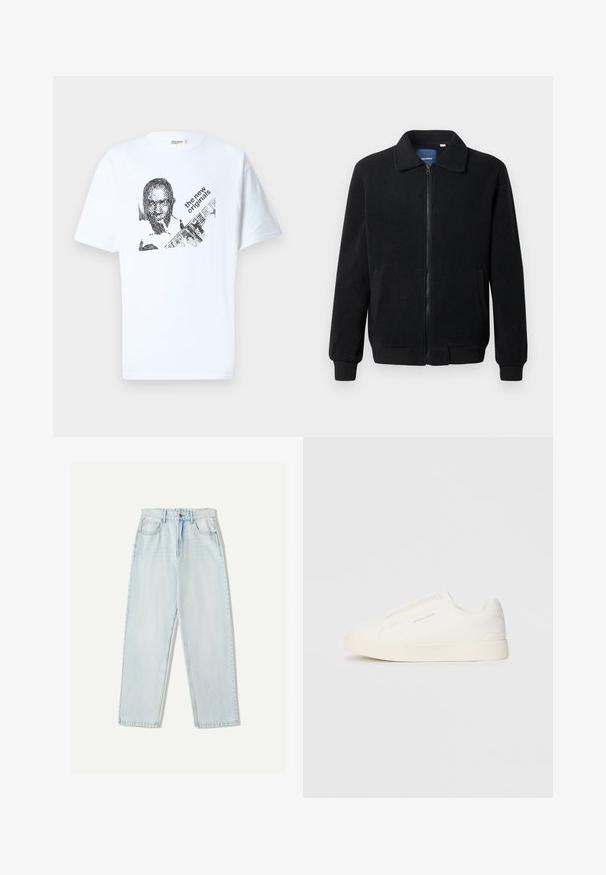 Černá fleecová bunda s zipovým uzávěrem, stojáčkem, vroubkovanými manžetami a bočními kapsami s texturovaným povrchem.; Bílý bavlněný tričko s černým grafickým potiskem osoby a textem "the new originals" ve skloněném písmu. Krátké rukávy, kulatý výstřih.; Světle modré džíny s volným střihem, rovnými nohavicemi, pěti kapsami a jemným vyblednutím látky.; Bílé slip-on tenisky s texturovaným povrchem, silnou podešví a minimalistickým designem. Na boku je umístěno logo značky.