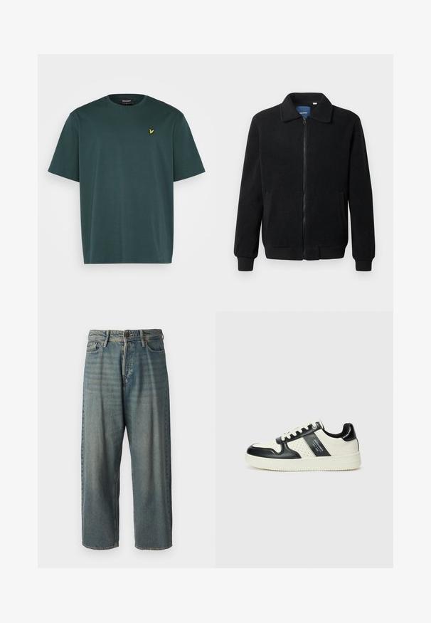 Čierna flísová bunda s uzáverom na zips, stojatým golierom, rebrovanými manžetami a bočnými vreckami s textúrovaným povrchom.; Lyle & Scott PLAIN - Základné tričko - teal; Svetlomodré denimové nohavice so voľným strihom, stredne vysokým pásom a rovnými nohavicami. Obsahujú päť vreciek, pútka na opasok a zapínanie na gombík.; Kožené tenisky v čierno-krémovej farbe, s perforovanými akcentmi, polstrovaným golierom a štruktúrovanou podrážkou.