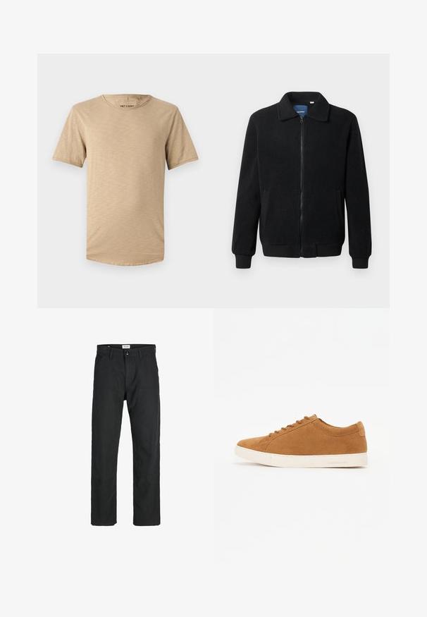 Čierna flísová bunda s uzáverom na zips, stojatým golierom, rebrovanými manžetami a bočnými vreckami s textúrovaným povrchom.; Béžové tričko s krátkym rukávom vyrobené z mäkkej tkaniny. Má okrúhly výstrih a jemne textúrovaný povrch so zakriveným spodným lemom.; Čierne nohavice vyrobené z odolného materiálu, s rovnými nohavicami, prešitými detailmi a dvoma prednými vreckami pre väčšiu funkčnosť.; Hnedé semišové tenisky s nízkym dizajnom, bielou gumovou podrážkou a okrúhlou špičkou. Obsahuje zladené šnúrky a minimálne značenie na päte.
