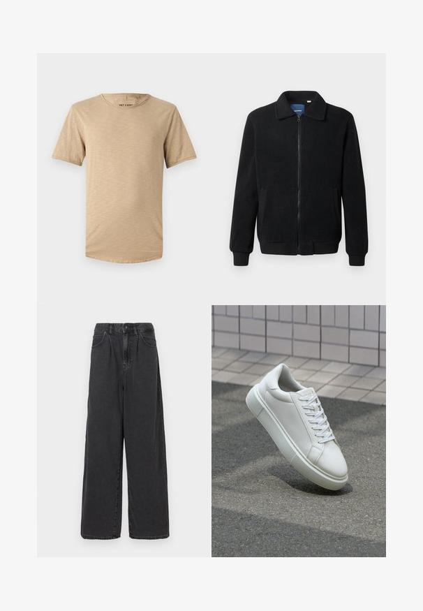 Black fleece jacket featuring a zip closure, stand collar, ribbed cuffs, and side pockets with a textured surface.; Beige short-sleeve t-shirt made of soft fabric. Features a round neckline and a lightly textured surface with a curved hem.; Wide-leg, high-waisted black denim pants with a front button and zipper closure, featuring side pockets and a smooth texture.; White leather sneaker with a smooth surface, round toe, and flat white laces. Features a textured rubber sole and minimal design elements.