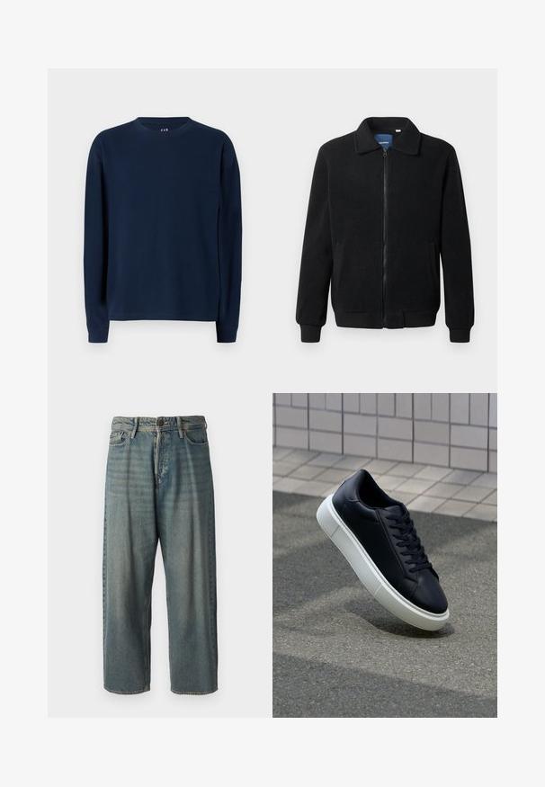 Musternahk fleece-jakk musternahaga, tõmblukk, seisev kaelus, soonikkoes varrukad ja küljetaskud tekstuurse pinnaga.; Tumedast sinine pikaaheline kreemikaelusega särk ribatekstuuriga, sirge lõike ja tugevdatud õmblustega, millel on klassikaline disain.; Heledad sinine denim-stiilis teksad, volüümse lõike, keskmise kõrgusega talje ja sirgete säärega. Omab viit taskut, vöökumme ja nööpide sulgemist.; Mustast nahast tennisetoss, millel on ümar nina ja valge kummist tall. Omab siredaid paelu ja minimaalset õmblemist ülemises osas. Tekstuuriga tald, mis tagab haakuvuse.