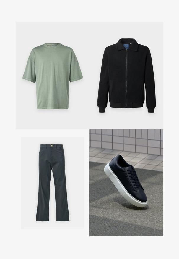 Casaco de polar preto com fecho de correr, gola alta, punhos canelados e bolsos laterais com uma superfície texturizada.; T-shirt de manga curta verde claro com decote arredondado e corte descontraído; feito de material macio com uma textura suave.; Calças pretas com corte reto, feitas de um tecido em mistura de algodão. Apresenta um fecho com botão metálico e bolsos laterais. Sem padrões visíveis.; Sapatilha de couro preto com bico arredondado e sola de borracha branca. Apresenta atacadores planos e costuras mínimas na parte superior. Sola texturizada para melhor aderência.