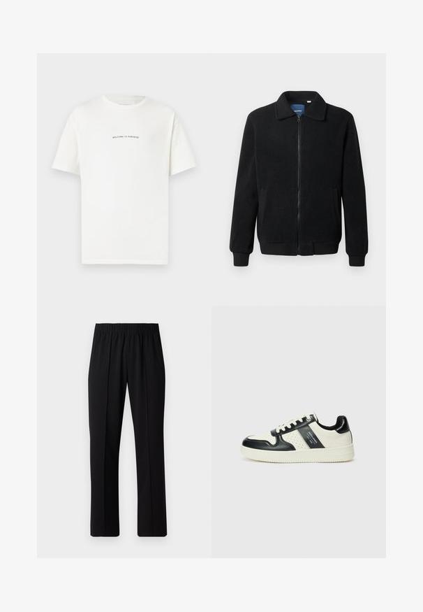Svart fleece jakke med glidelås, høy krage, ribbestrikkede mansjetter og sidelommer med strukturert overflate.; Hvit bomull t-skjorte med korte ermer og rund hals. Midt på t-skjorten står teksten "VELKOMMEN TIL PARADIS" i en buet grønn skrift.; Svart, elastisk midjebukser med rett ben-design, med en glatt tekstur og uten synlige mønstre eller maskinvare.; Lædersneakers med sort og creme farveskema, der har perforerede detaljer, en polstret krave og en struktureret ydersål.