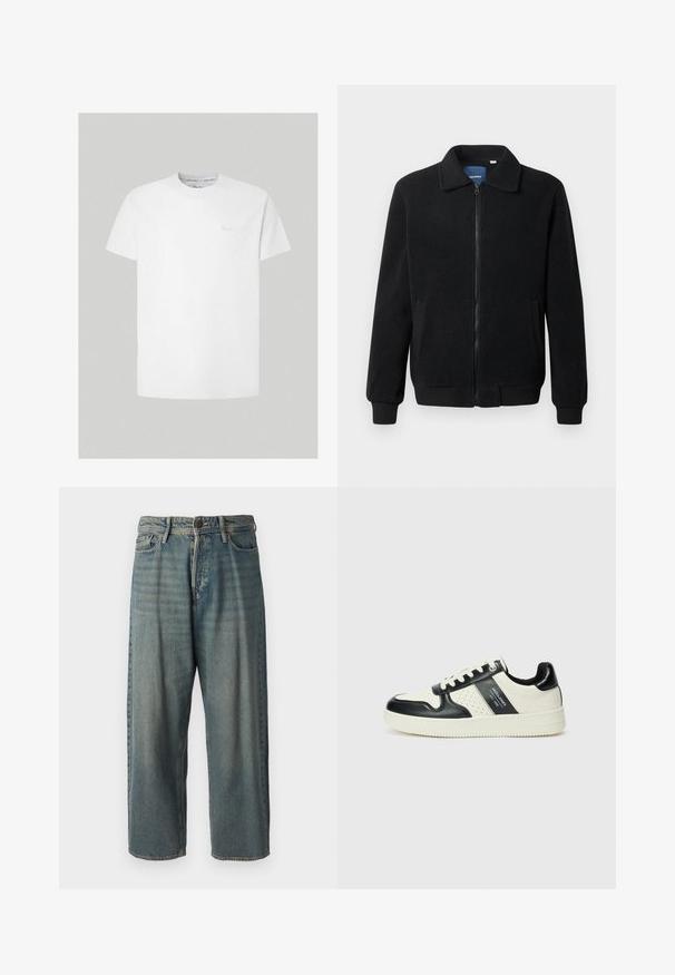 Sort fleecejakke med lynlås, opretstående krave, ribbede manchetter og sidelommer med en tekstureret overflade.; Hvid bomulds T-shirt med korte ærmer og rund hals. Har et diskret logo i en lysere farve på brystet. Glat tekstur, klassisk pasform.; Lyseblå denim jeans med løs pasform, mellemhøj talje og lige ben. Har fem lommer, bæltestropper og en knappelukning.; Lædersneakers i sort og creme farveskema, med perforerede detaljer, en polstret krave og en struktureret ydersål.