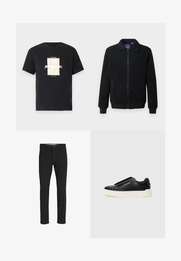 Melnā vilnas jaka ar rāvējslēdzēju, stāvošu apkakli, ribotām piedurknēm un sānu kabatām ar teksturētu virsmu.; Melna kokvilnas T-kreklā ar apaļu kakla izgriezumu. Priekšpusē ir beigu taisnstūra grafika un balti burti "JAWO", kas ir centrēti. Īsas piedurknes.; Melnas kokvilnas maisījuma bikses ar šauru piegriezumu, ar pogu aizdari, kabatām un rullētām piedurknēm ikdienišķam izskatam.; Melna slip-on kedu ar teksturētu ādas augšdaļu, baltu gumijas zoli un bez redzamām šņorcēm. Uz sāna ir zīmola logo.