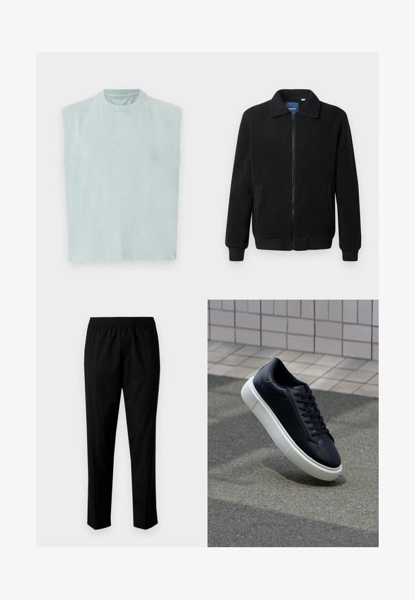 Zwarte fleece jas met een ritssluiting, staande kraag, ribgebreide manchetten en zijzakken met een textuur.; Lichtblauw mouwloos T-shirt met een ronde hals, gemaakt van zachte stof, met een rechte snit en een minimalistisch ontwerp.; Zwarte broek met een elastische tailleband, met een rechte pijpdesign. De stof lijkt glad met een matte textuur, zonder zichtbare patronen.; Zwarte leren sneaker met een ronde neus en een witte rubberen zool. Voorzien van platte veters en minimale stiksels op het bovenwerk. Textuurrijke zool voor grip.