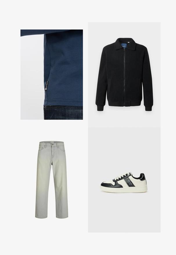 Schwarze Fleecejacke mit Reißverschluss, Stehkragen, gerippten Bündchen und seitlichen Taschen mit strukturiertem Oberflächenmaterial.; Marineblaue Langarmbluse aus weichem Stoff, mit einem Logotag an der Seite und einem figurbetonten Design mit glatter Textur.; Hellgraue, gerade geschnittene Jeans mit einem klassischen Fünf-Taschen-Design, Knopfverschluss und Gürtelschlaufen. Hergestellt aus Denim-Stoff mit glatter Textur.; Leder-Sneaker in Schwarz- und Cremetönen, mit perforierten Akzenten, einem gepolsterten Kragen und einer strukturierten Laufsohle.