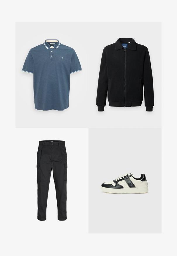 Zwarte fleece jas met een ritssluiting, staande kraag, ribgebreide manchetten en zijzakken met een textuur.; Blauwe heren polo met korte mouwen, voorzien van een kraag en mouwranden in wit en lichtblauw gestreept, drie knopen aan de voorkant en een klein logo op de borst.; Zwarte cargobroek van stevig stof, met meerdere zakken, een knoopsluiting en een slim fit ontwerp met taps toelopende benen.; Leren sneakers met een zwart en crèmekleurig kleurenschema, voorzien van geperforeerde accenten, een gevoerde kraag en een gestructureerde buitenzool.