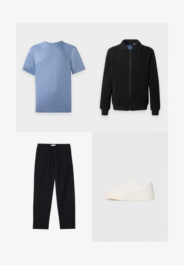 Czarna polarowa kurtka z zamkiem błyskawicznym, stójką, ściągaczami przy mankietach oraz bocznymi kieszeniami o teksturowanej powierzchni.; Jasnoniebieska bawełniana koszulka z okrągłym dekoltem, krótkimi rękawami i subtelnymi detalami szycia. Na piersi znajduje się małe logo.; Pier One - Chinosy; Białe sneakersy wsuwane z teksturowanej powierzchni, grubą podeszwą i minimalistycznym designem. Zawierają logo marki z boku.