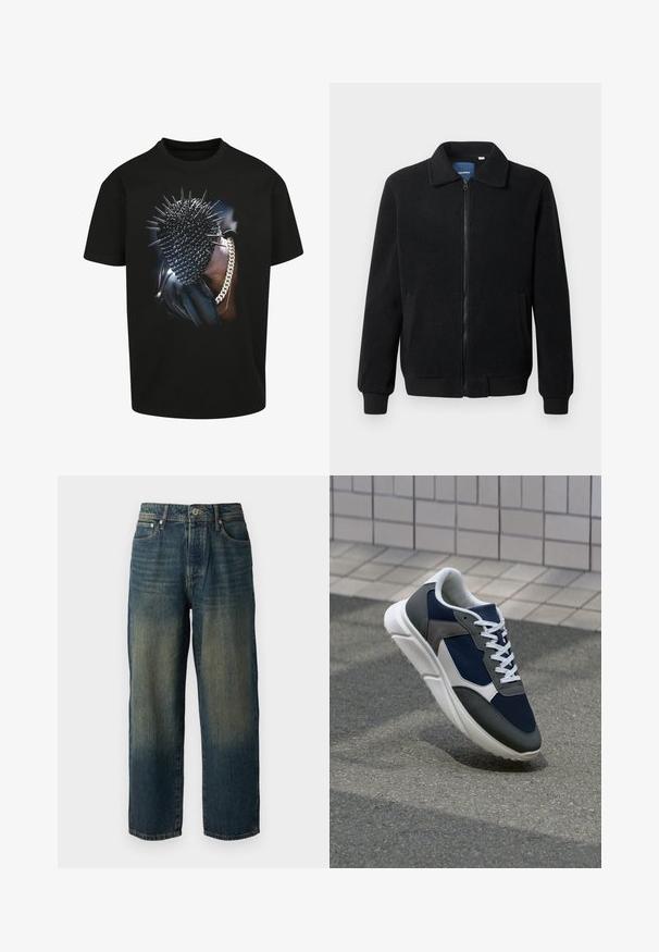 Fekete bolyhos dzseki cipzárral, állógallérral, bordázott mandzsettákkal és oldalzsebekkel, textúrált felülettel.; Fekete póló, tüskés fej grafikával, lánc díszítéssel. Rövid ujjú és klasszikus szabású. Merész dizájn, fényes felülettel.; Kék farmernadrág egyenes szabással, elhasználódott dizájnnal, a szár aljához közel világosabb árnyalatokkal, öt zsebbel és gombbal záródik.; Cipő, amelynek sötétkék hálós felsőrésze, szürke velúr díszítései, fehér gumitalpa és lapos fehér fűzője van, a kényelem és a légáteresztő képesség érdekében tervezve.