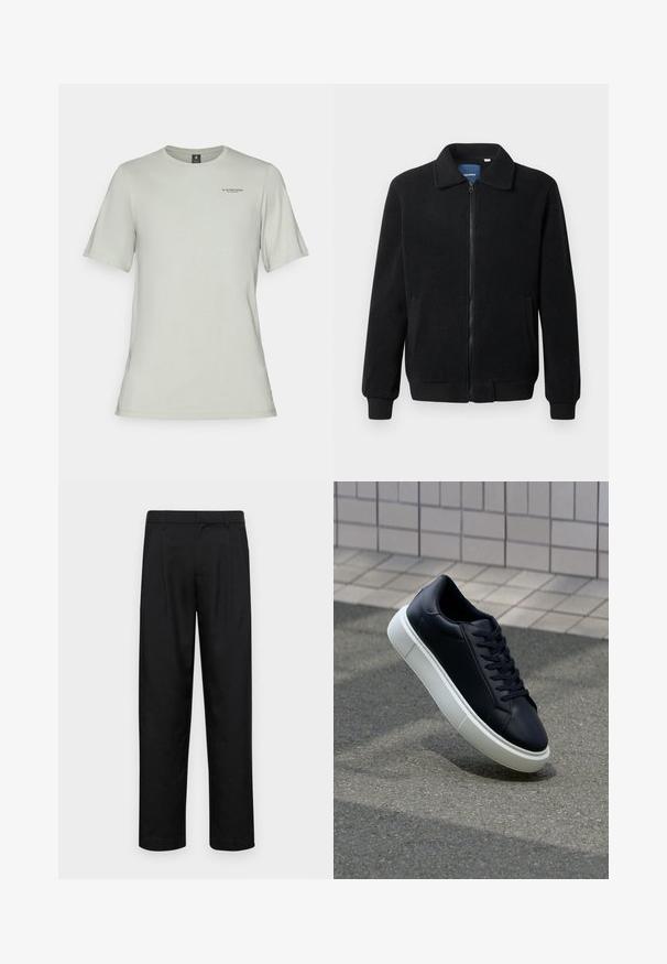 Juodas fliso džemperis su užtrauktuku, stovinčia apykakle, gumuotais rankogaliais ir šoninėmis kišenėmis, turinčiomis tekstūruotą paviršių.; G-STAR BASE - Paprasti marškinėliai - wrought iron; Juodi kelnių modeliai, pagaminti iš lygios medžiagos, turi tiesią kojas, du priekiniai klostės ir standartinę juosmenį su diržo kilpomis.; Juodas odinis sportbačius su apvaliu pirštu ir baltu gumuotu padu. Turi plokščias raišteles ir minimalų siuvimą viršuje. Padangos tekstūra užtikrina sukibimą.