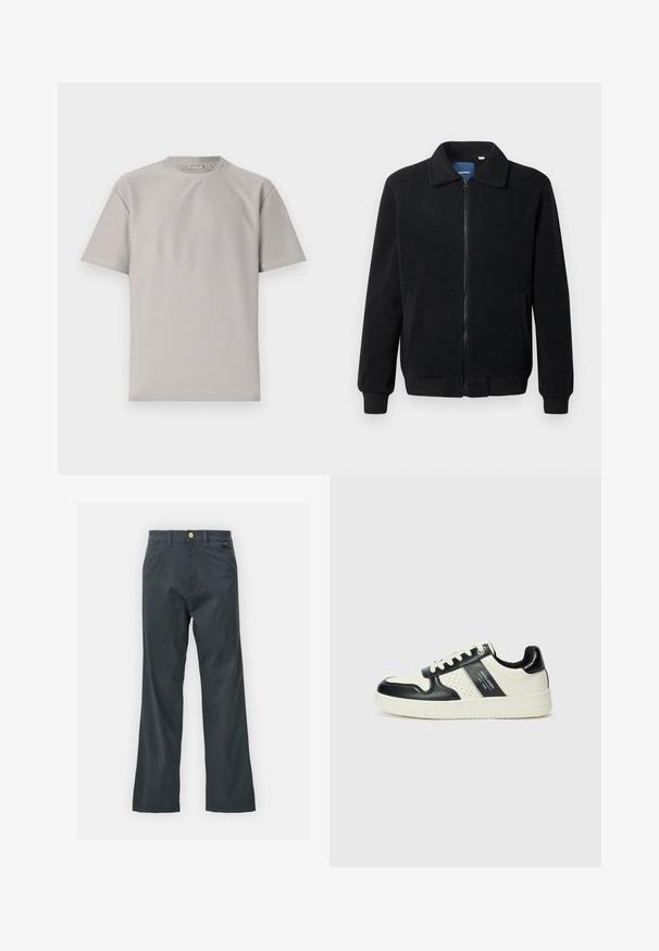 Μαύρο φλις μπουφάν με κλείσιμο με φερμουάρ, όρθιο γιακά, λαστιχένια μανίκια και πλάγιες τσέπες με υφή.; Ανοιχτό γκρι ριγέ μπλουζάκι με στρογγυλή λαιμόκοψη και κοντά μανίκια. Διαθέτει μαλακή υφή και καθαρό σχέδιο, κατάλληλο για casual εμφάνιση.; Μαύρο παντελόνι με ίσια γραμμή, κατασκευασμένο από ύφασμα από μείγμα βαμβακιού. Διαθέτει μεταλλικό κούμπωμα και πλαϊνές τσέπες. Χωρίς εμφανή σχέδια.; Δερμάτινα sneakers με μαύρο και κρεμ χρωματικό σχέδιο, με διάτρητες λεπτομέρειες, επενδεδυμένο κολάρο και υφή στη σόλα.
