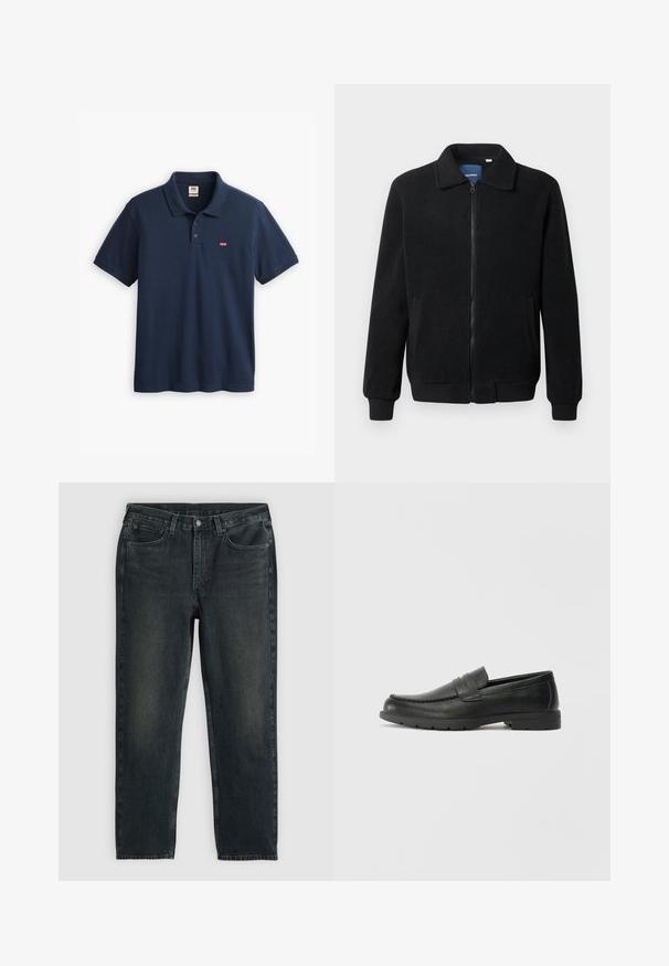 Casaco de polar preto com fecho de correr, gola alta, punhos canelados e bolsos laterais com uma superfície texturizada.; Polo azul marinho feito de algodão, com colarinho, placket de três botões e um pequeno patch do logo da Levi's no lado esquerdo do peito.; Jeans de denim azul-escuro com corte reto, apresentando cinco bolsos, fecho de zip e costura em contraste. Desgaste sutil no tecido.; Sapatos mocassins de couro preto com acabamentos lisos, parte superior em estilo mocassins, detalhes em costura e sola de borracha. Design clássico com um salto baixo.