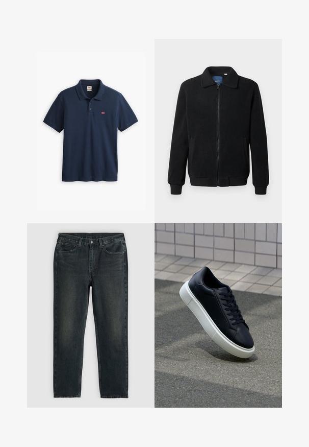 Svart fleece jakke med glidelås, høy krage, ribbestrikkede mansjetter og sidelommer med strukturert overflate.; Mørkeblå polo skjorte laget av bomull, med krage, treknappslukking, og et lite Levi's logo lapp på venstre bryst.; Mørkeblå denimjeans med rette ben, med fem lommer, glidelås og kontraststing. Subtil fading på stoffet.; Sorte skinnsneakers med rund tå og hvit gummisåle. Har flate lisser og minimal søm på overdelen. Strukturert såle for grep.