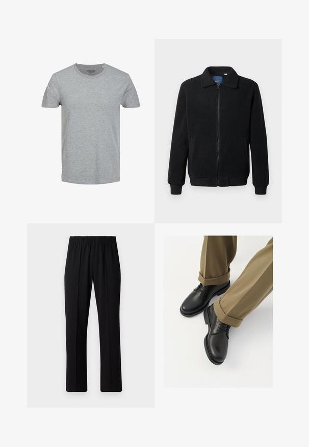 Musta fleece-takki, jossa on vetoketjulla suljettavat, pystykaulus, ribbireunat ja sivutaskut, joissa on teksturoitu pinta.; Harmaa lyhythihainen T-paita, joka on valmistettu pehmeästä puuvillasta. Ominaisuuksiin kuuluu klassinen pyöreä kaula-aukko ja normaali istuvuus. Yksinkertainen muotoilu ilman kuvioita tai aksentteja.; Mustat, joustavat vyötäröhousut suoralla lahkeella, joissa on sileä pinta ilman näkyviä kuvioita tai metalliosia.; Musta nahkakengät, joissa on sileä pinta, kengännauhat ja pyöreä kärki, yhdistettynä ylös käärittyihin khaki-housuihin.