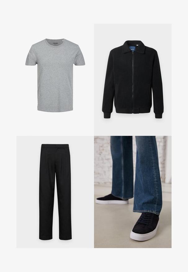 Črna flis jakna z zadrgo, stoječim ovratnikom, rebrastimi zapestji in stranskimi žepi s teksturirano površino.; Siva kratka majica z dolgimi rokavi, izdelana iz mehkega bombaža. Ima klasičen okrogel izrez in običajen kroj. Preprost dizajn brez vzorcev ali dodatkov.; Črne hlače iz gladkega materiala, s krojem ravne noge, dvema sprednjima pregiboma in standardnim pasom z zankami za pas.; Temno modri semiš športni copati z belo gumijasto podplatom in vezalkami, v kombinaciji z širokimi jeans hlačami v srednje modrem pranju.
