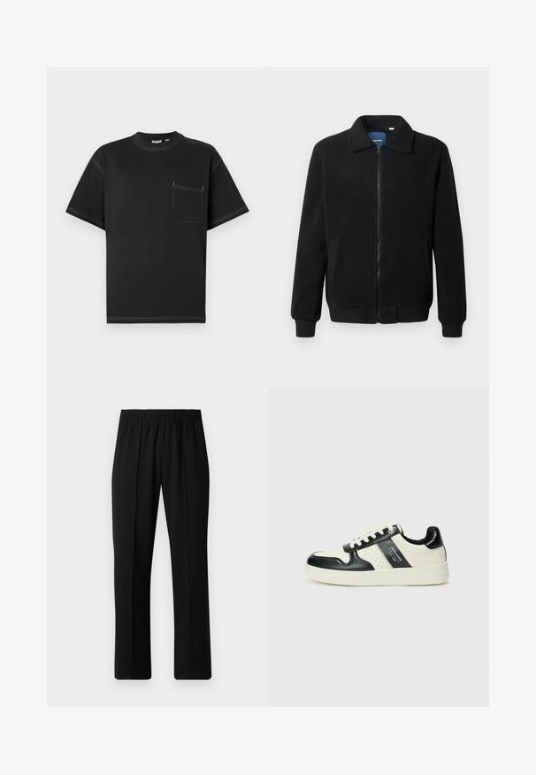 Musternahk fleece-jakk musternahaga, tõmblukk, seisev kaelus, soonikkoes varrukad ja küljetaskud tekstuurse pinnaga.; Must have must-haves: must have T-särk lühikeste varrukatega, valmistatud puuvillast. Särgel on vasakul rinna kohal tasku, kontrastsed valged õmblused ja ümmargune kaelus.; Mustad, elastse puusärgid sirge säärega, mis on sileda tekstuuriga ja ilma nähtavate mustrite või riistadega.; Nahatud nahkkingad musta ja kreemi värviskeemiga, millel on perforeeritud aktsendid, pehme krae ja tekstureeritud tallad.