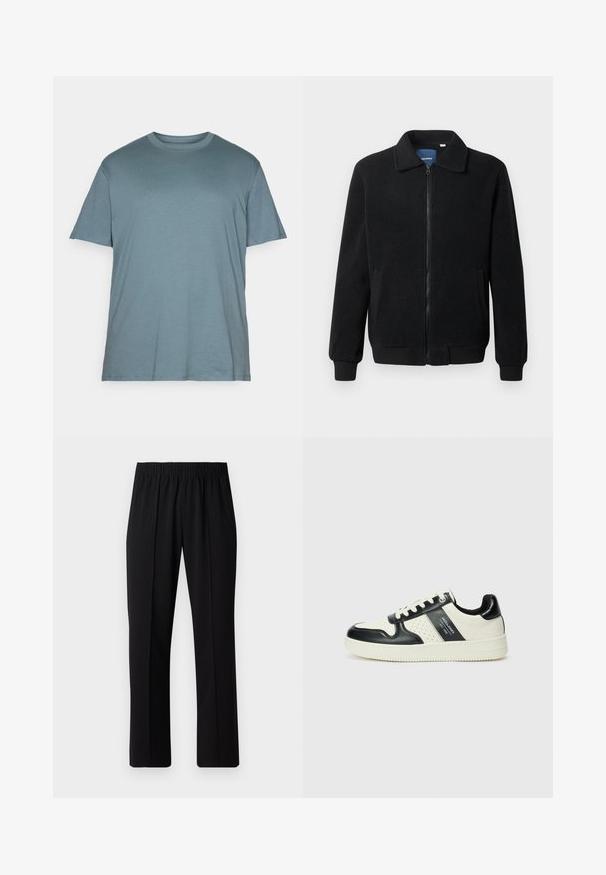 Chaqueta de forro polar negra con cierre de cremallera, cuello alzado, puños acanalados y bolsillos laterales con una superficie texturizada.; Jack & Jones JJEBRADLEY NOOS - Camiseta básica - goblin blue; Pantalones negros con cintura elástica y diseño de pierna recta, con una textura suave y sin patrones o herrajes visibles.; Zapatillas de cuero con un esquema de colores negro y crema, que cuentan con acentos perforados, un collar acolchado y una suela texturizada.