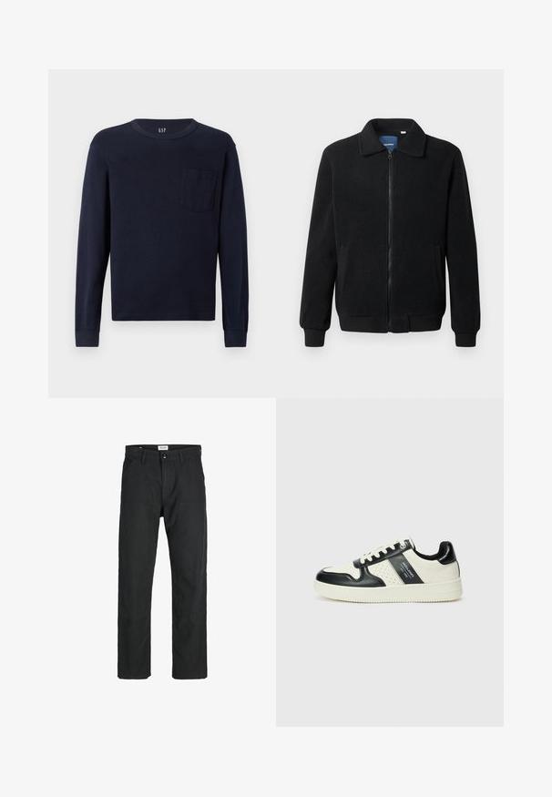 Juodas fliso džemperis su užtrauktuku, stovinčia apykakle, gumuotais rankogaliais ir šoninėmis kišenėmis, turinčiomis tekstūruotą paviršių.; Tamsiai mėlynas ilgomis rankovėmis marškinėliai, pagaminti iš medvilnės, su apvaliu iškirpimu ir maža krūtinės kišene kairėje pusėje. Lygi tekstūra.; Juodi kelniai, pagaminti iš tvirto audinio, su tiesiomis kojomis, siuvinėtomis detalėmis ir dviem priekinėmis kišenėmis funkcionalumui.; Odiniai sportbačiai juodos ir kreminės spalvų schemoje, su perforuotais akcentais, paminkštinta apykakle ir tekstūruotu padu.