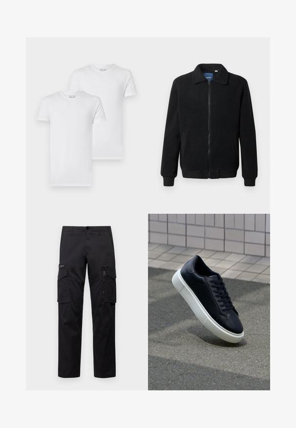 Črna flis jakna z zadrgo, stoječim ovratnikom, rebrastimi zapestji in stranskimi žepi s teksturirano površino.; Dve bele bombažne majice s krojnim ovratnikom in kratkimi rokavi. Vsaka majica ima enostaven dizajn brez vzorcev ali dodatkov.; Črne cargo hlače z več žepi, z zadrgo na stegnu, ravnim krojem in trdnim bombažnim materialom z rahlo sijajem.; Črne usnjene superge z zaobljenim prstom in belim gumijastim podplat. Imajo ravne vezalke in minimalno šivanje na zgornjem delu. Teksturirani podplat za oprijem.