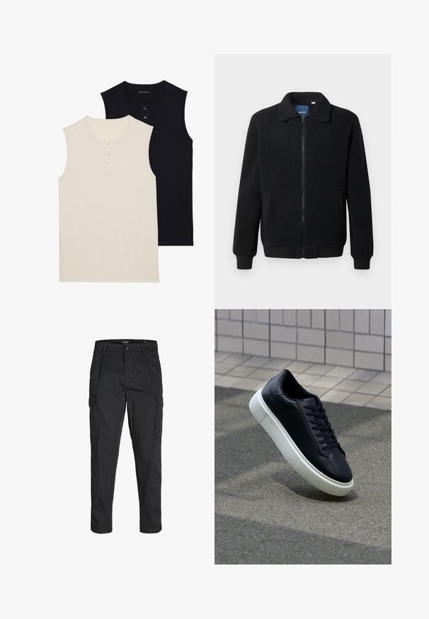 Fekete bolyhos dzseki cipzárral, állógallérral, bordázott mandzsettákkal és oldalzsebekkel, textúrált felülettel.; Két ujjatlan pamut felső: az egyik bézs, gombos kivágással, a másik egyszínű fekete. Mindkettő kerek nyakkivágással és testhez álló fazonnal rendelkezik.; Fekete cargo nadrág, amely tartós anyagból készült, több zsebet tartalmaz, gombos záródással rendelkezik, és karcsú szabású, szűkített lábakkal bír.; Fekete bőr sportcipő lekerekített orral és fehér gumitalppal. Lapos fűzőkkel és minimális varrásokkal rendelkezik a felsőrészén. Mintás talp a tapadásért.