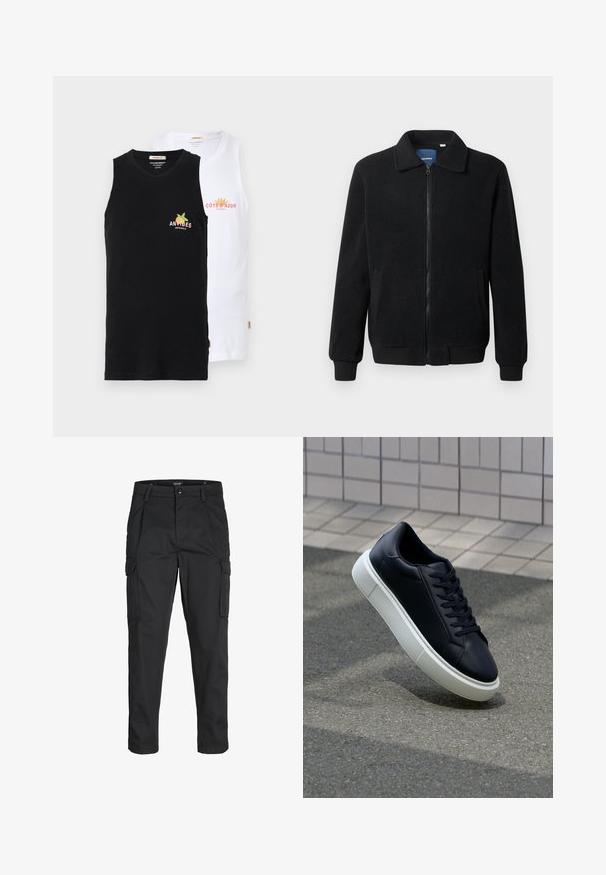 Juodas fliso džemperis su užtrauktuku, stovinčia apykakle, gumuotais rankogaliais ir šoninėmis kišenėmis, turinčiomis tekstūruotą paviršių.; Du mieli bebrodėlinės medvilnės marškiniai: vieni juodi su "ANTIBES" logotipu, kiti balti su "CÔTE D'AZUR" logotipu. Jų tekstūra lygi, stilius naminis.; Juodi krovinių tipo džinsai, pagaminti iš tvirto audinio, su keliais kišeniais, mygtuko uždarymu ir siauru, prigludusiu dizainu su siaurėjančiomis kojomis.; Juodas odinis sportbačius su apvaliu pirštu ir baltu gumuotu padu. Turi plokščias raišteles ir minimalų siuvimą viršuje. Padangos tekstūra užtikrina sukibimą.