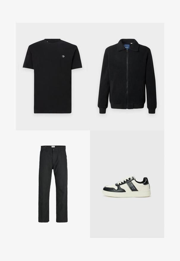 Melnā vilnas jaka ar rāvējslēdzēju, stāvošu apkakli, ribotām piedurknēm un sānu kabatām ar teksturētu virsmu.; Melns kokvilnas T-krekls ar īsām piedurknēm, apaļu kakla izgriezumu un mazu baltu logotipu kreisajā krūšu daļā. Gluda tekstūra, vienkāršs dizains.; Melnas bikses no izturīga auduma, ar taisna griezuma dizainu, izšūtām akcentiem un divām priekšējām kabatām funkcionālitātei.; Ādas sporta apavi ar melnbaltu krāsu shēmu, ar perforētiem akcentiem, mīkstinātu apkakli un teksturētu zoli.