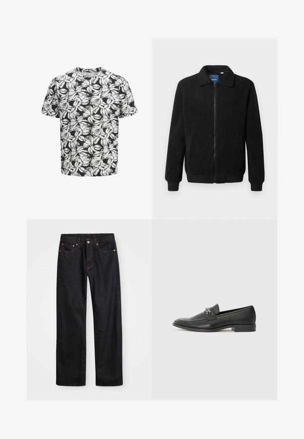 Casaco de polar preto com fecho de correr, gola alta, punhos canelados e bolsos laterais com uma superfície texturizada.; T-shirt de manga curta feito de tecido suave, com um fundo preto e um padrão de folhas brancas por toda a parte. Decote redondo, ajuste descontraído.; Calças de ganga pretas para homem, de pernas retas, com cinco bolsos e costura laranja, fecho de botão e zíper na cintura da frente.; Sapatilha de couro preta com um acabamento suave, apresentando um design cosido e um detalhe decorativo de corrente de metal atravessando o peito do pé. Salto baixo.