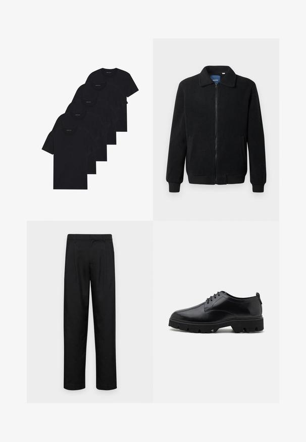 Jachetă din fleece neagră, cu închidere prin fermoar, guler înalt, manșete ribbate și buzunare laterale cu o suprafață texturată.; Pachet de cinci tricouri negre cu guler rotund. Mâneci scurte, material din bumbac, croială standard. Textură netedă fără modele sau embellishments vizibile.; Pantaloni negri dintr-un material neted, cu un design drept, două pliuri frontale și un tiv standard cu bucle pentru curea.; Pantofi din piele neagră cu un finisaj neted, design cu șireturi și talpă din cauciuc groasă și robustă, având călcâi adânc pentru aderență.