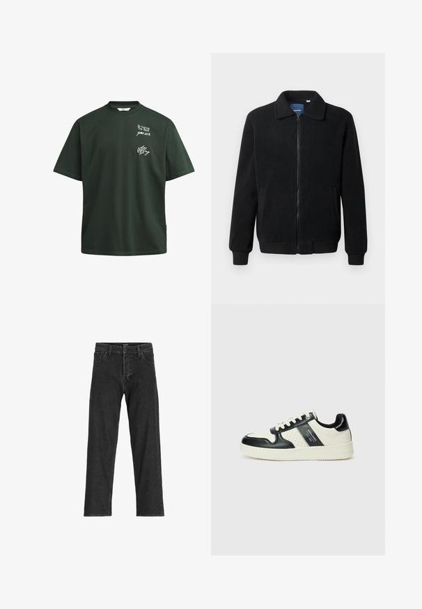 Schwarze Fleecejacke mit Reißverschluss, Stehkragen, gerippten Bündchen und seitlichen Taschen mit strukturiertem Oberflächenmaterial.; Dunkelgrünes Baumwoll-T-Shirt mit kurzen Ärmeln, rundem Ausschnitt und weißem Drucktext, mit entspannter Passform und ohne sichtbare Verzierungen.; Schwarze Jeans aus Denim mit geradem Bein, ausgestattet mit einem Reißverschluss, Gürtelschlaufen und sechs Taschen, gefertigt aus einem robusten Baumwollmischgewebe.; Leder-Sneaker in Schwarz- und Cremetönen, mit perforierten Akzenten, einem gepolsterten Kragen und einer strukturierten Laufsohle.