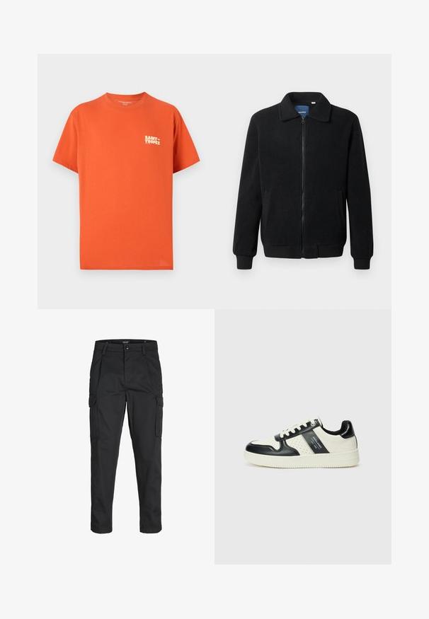 Black fleece jacket featuring a zip closure, stand collar, ribbed cuffs, and side pockets with a textured surface.; Short-sleeve orange t-shirt made of cotton, featuring a small white "SAINT-TROPEZ" logo on the left chest. Straight cut and soft texture.; Black cargo pants made of sturdy fabric, featuring multiple pockets, a button closure, and a slim fit design with tapered legs.; Leather sneakers with a black and cream color scheme, featuring perforated accents, a padded collar, and a textured outsole.