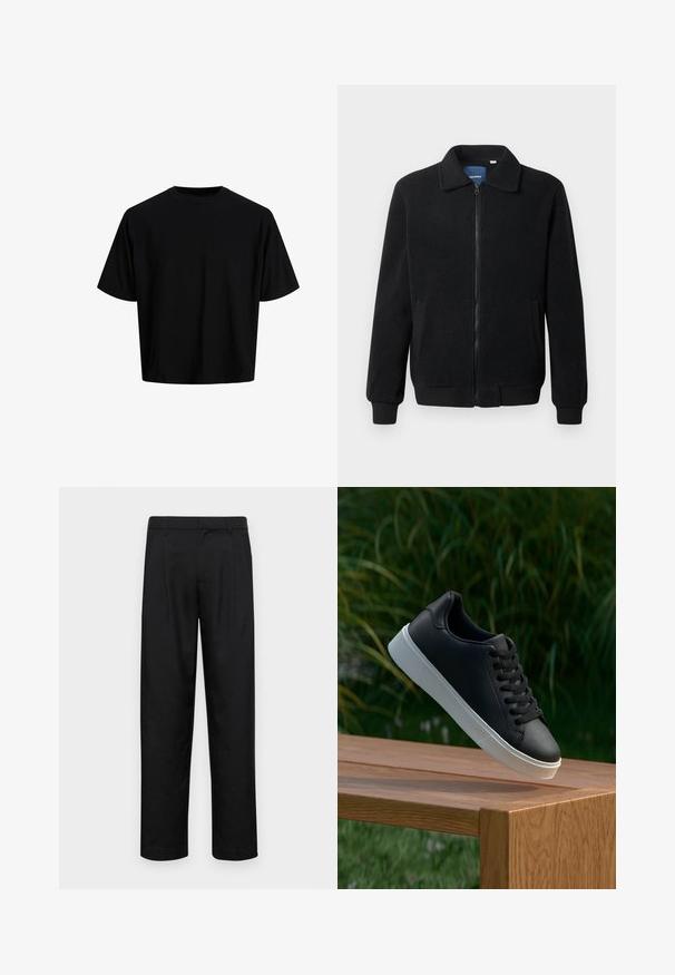 Musta fleece-takki, jossa on vetoketjulla suljettavat, pystykaulus, ribbireunat ja sivutaskut, joissa on teksturoitu pinta.; Lyhytn prenin musta t-paita, joka on valmistettu sileästä puuvillakankaasta. Siinä on pyöreä kaula-aukko ja lyhyet hihat, yksinkertainen ja minimalistinen muotoilu.; Mustat housut, jotka on valmistettu sileästä kankaasta, suoran lahkeen muotoilulla, kahdella etupleekillä ja tavanomaisella vyötäröllä, jossa on vyölenkit.; Musta nahkakengät, joissa on sileä pinta, valkoinen kumipohja ja kuusi aukkoa nauhoille, esillä puupinnalla.