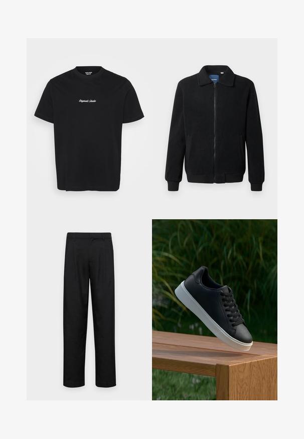 Juodas fliso džemperis su užtrauktuku, stovinčia apykakle, gumuotais rankogaliais ir šoninėmis kišenėmis, turinčiomis tekstūruotą paviršių.; Juoda medvilninė marškinė su apvalia apykakle ir trumpomis rankovėmis, krūtinėje yra balta siuvinėta užrašas "Originals Studio".; Juodi kelnių modeliai, pagaminti iš lygios medžiagos, turi tiesią kojas, du priekiniai klostės ir standartinę juosmenį su diržo kilpomis.; Juodas odinis sportbačių modelis su lygiu paviršiumi, baltu guminio pado ir šešiomis skylutėmis raišteliams, eksponuojamas ant medinės paviršiaus.