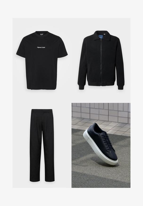 Melnā vilnas jaka ar rāvējslēdzēju, stāvošu apkakli, ribotām piedurknēm un sānu kabatām ar teksturētu virsmu.; Melna kokvilnas t-krekls ar apaļu kakla izgriezumu un īsām piedurknēm, uz krūtīm ar baltu izšūtu tekstu "Originals Studio".; Melnas bikses, izgatavotas no gludas auduma, ar taisnu kāju dizainu, divām priekšējām krokām un standarta jostu, kurai ir āķi.; Melnas ādas kedas ar noapaļotu pirkstu un baltu gumijas zoli. Iespējas - plakanas šņorītes un minimāla apdare augšdaļā. Struktūrēta zole, lai nodrošinātu saķeri.