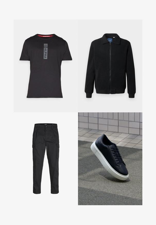 Melnā vilnas jaka ar rāvējslēdzēju, stāvošu apkakli, ribotām piedurknēm un sānu kabatām ar teksturētu virsmu.; Melnas īsām piedurknēm T-krekls no gludas auduma ar vertikālu "ALPHA" logo pelēkā krāsā priekšpusē, ar sarkanu akcentu apkaklēs.; Melnas kravas bikses, izgatavotas no izturīga auduma, ar vairākiem kabatām, pogu aizdari un šaura piegriezuma dizainu ar sašaurinātiem kāju apakšiem.; Melnas ādas kedas ar noapaļotu pirkstu un baltu gumijas zoli. Iespējas - plakanas šņorītes un minimāla apdare augšdaļā. Struktūrēta zole, lai nodrošinātu saķeri.