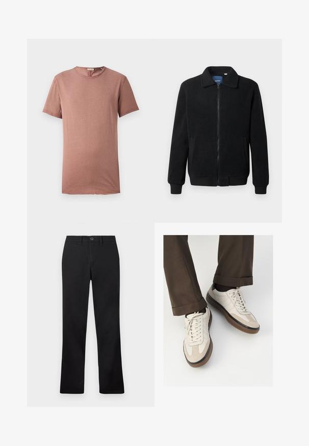 Casaco de polar preto com fecho de correr, gola alta, punhos canelados e bolsos laterais com uma superfície texturizada.; T-shirt de manga curta e decote redondo na cor rosa poeirento. Tecido suave com detalhes mínimos e um corte reto, adequado para uso casual.; Calças pretas exibidas contra um fundo branco, apresentando um design de perna reta e um fecho com botão na cintura.; Tênis bege com frente em camurça texturizada, lados em couro liso e sola em borracha marrom. Inclui cadarços e detalhes de costura clara.