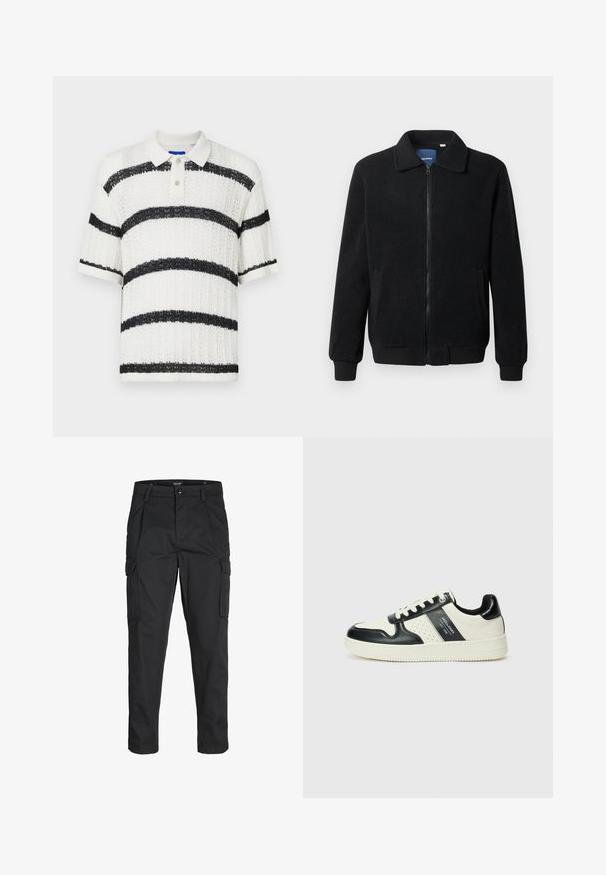 Černá fleecová bunda s zipovým uzávěrem, stojáčkem, vroubkovanými manžetami a bočními kapsami s texturovaným povrchem.; Bílý polo tričko s krátkým rukávem a strukturovaným materiálem, které má široké černé horizontální pruhy a límec na tři knoflíky s průhlednými knoflíky.; Černé cargo kalhoty vyrobené z odolné tkaniny, s mnoha kapsami, knoflíkovým zapínáním a slim fit střihem se zúženými nohavicemi.; Kožené tenisky s černobílou barevnou kombinací, které mají perforované detaily, polstrovaný límec a texturovanou podrážku.