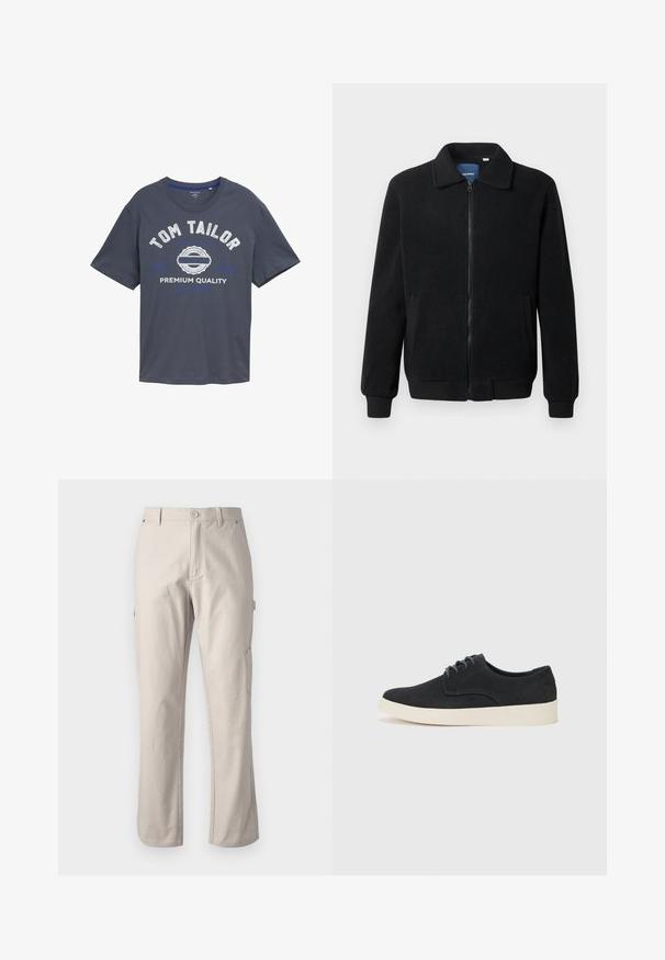 Zwarte fleece jas met een ritssluiting, staande kraag, ribgebreide manchetten en zijzakken met een textuur.; Donkerblauwe katoenen T-shirt met een ronde hals, korte mouwen en een grafische tekst op de voorkant in wit en blauw met de tekst "TOM TAILOR PREMIUM QUALITY."; Beige cargobroek van stevig katoen met rechte pijpen, voorknopsluiting en zijzakken voor gebruiksgemak. Gladde textuur met subtiele stiksels.; Zwarte suède veterschoenen met een ronde neus, een lichte roomkleurige zool en subtiele blauwe stikselaccenten op het bovenwerk.