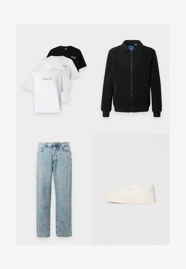Melnā vilnas jaka ar rāvējslēdzēju, stāvošu apkakli, ribotām piedurknēm un sānu kabatām ar teksturētu virsmu.; Trīs T-krekli iepakojumā: viens melns, divi balti. Īsas piedurknes, apaļa apkakle, ar tekstu attēliem uz krūšu daļas kontrastējošās krāsās. Izgatavoti no kokvilnas materiāla.; Gai zila taisna kāju džinsu bikses ar pogu un rāvējslēdzēju, priekšējām kabatām un viegli izbalinātu detalizāciju.; Baltas slip-on sporta apavi ar teksturētu virsmu, biezu zoli un minimālistisku dizainu. Sānos redzams zīmola logotips.