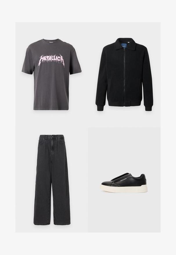 Fekete bolyhos dzseki cipzárral, állógallérral, bordázott mandzsettákkal és oldalzsebekkel, textúrált felülettel.; Szürke pamut póló rövid ujjakkal, amelyen a mellkason egy nagy, csepegő stílusú rózsaszín "METALLICA" logó található.; Széles szárú, magas derekú fekete farmernadrág, elülső gombbal és cipzárral, oldalsó zsebekkel és sima felülettel.; Fekete slip-on sneaker, textúrált bőrfelsővel, fehér gumitalppal és láthatatlan fűzőkkel. Az oldalon a márka logója található.