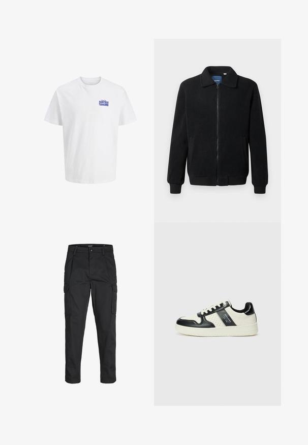 Black fleece jacket featuring a zip closure, stand collar, ribbed cuffs, and side pockets with a textured surface.; White short-sleeve T-shirt with small blue "Handyman" text logo on the upper left chest.; Black cargo pants made of sturdy fabric, featuring multiple pockets, a button closure, and a slim fit design with tapered legs.; Leather sneakers with a black and cream color scheme, featuring perforated accents, a padded collar, and a textured outsole.