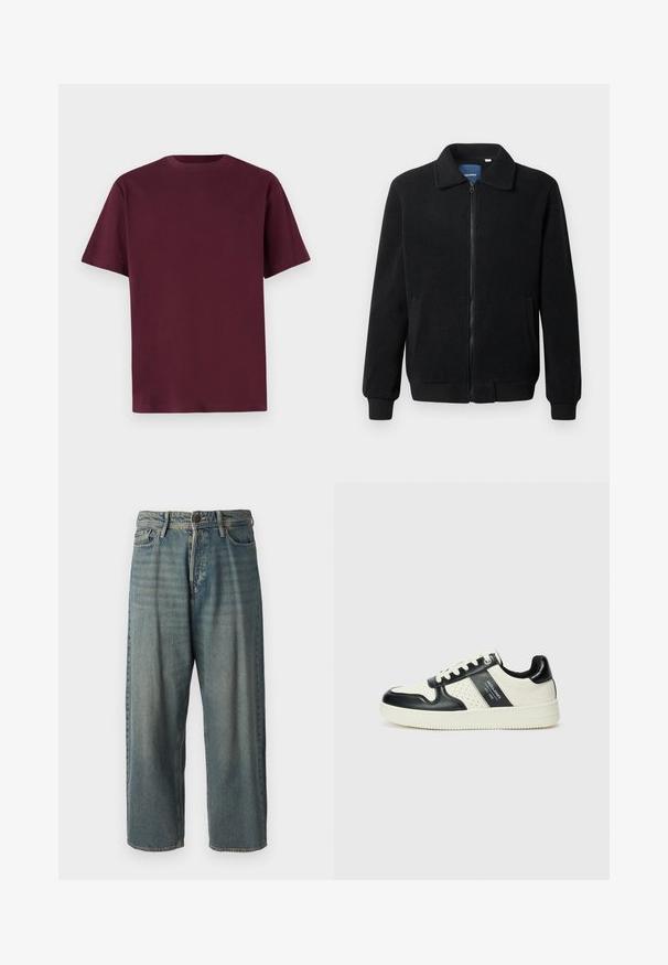 Black fleece jacket featuring a zip closure, stand collar, ribbed cuffs, and side pockets with a textured surface.; Burgundy cotton t-shirt with short sleeves, crew neck, and a smooth texture. Simple design with no patterns or additional details.; Light blue denim jeans with a loose fit, mid-rise waist, and straight legs. Features five pockets, belt loops, and a button closure.; Leather sneakers with a black and cream color scheme, featuring perforated accents, a padded collar, and a textured outsole.