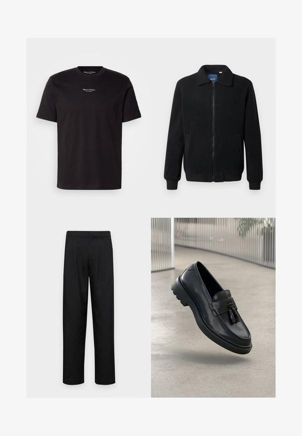 Melnā vilnas jaka ar rāvējslēdzēju, stāvošu apkakli, ribotām piedurknēm un sānu kabatām ar teksturētu virsmu.; Melna kokvilnas t-krekls ar īsām piedurknēm, apaļo kakla izgriezumu un balto logo druku uz krūtīm. Vienkāršs, klasiskas dizains.; Melnas bikses, izgatavotas no gludas auduma, ar taisnu kāju dizainu, divām priekšējām krokām un standarta jostu, kurai ir āķi.; Melnas ādas loaferi ar gludu apdari, dekoratīvu bārkstīm, biezu gumijas zolīti un izšūtām detaļām. Viegls un elegants dizains.