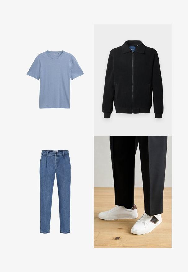 Melnā vilnas jaka ar rāvējslēdzēju, stāvošu apkakli, ribotām piedurknēm un sānu kabatām ar teksturētu virsmu.; Gaiši zils īsais piedurkņu T-krekls, kas izgatavots no mīksta auduma, ar apaļu dekoltē un saskaņotu logotipa detaļu uz krūšu.; Gaiši zili džinsu bikses ar brīvu piegriezumu, augstu jostasvietu, diviem priekšējiem krokām un pagrieztu apakšmalu. Vienkārša pogas un rāvējslēdzēja aizdares sistēma.; Baltā pārsoļa apavi ar gludu tekstūru, papildināti ar brūniem ādas akcentiem un melniem elementiem, savienoti ar melnām pielāgotām biksēm. Koka grīdas fons.