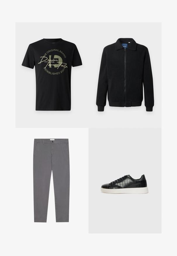 Black fleece jacket featuring a zip closure, stand collar, ribbed cuffs, and side pockets with a textured surface.; Black t-shirt made of cotton, featuring a round neck. Front design includes the text "Denim Tom Tailor" and "Established 2000" in light green.; Gray cotton trousers with a slim fit, featuring two front pockets, a single back pocket, and a button closure at the waist.; Black sneakers featuring a textured croc-embossed leather upper, rounded toe, and a contrasting white rubber sole with a smooth finish.